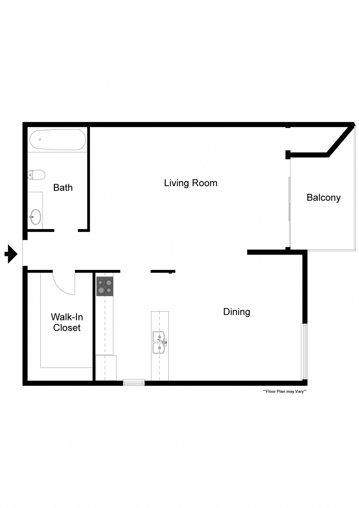 Floor plan for studio, 1 bath, 524 sqft